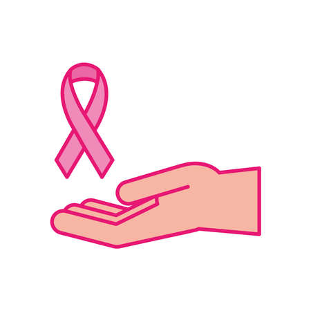 breast cancer ribbon over hand line and fill style icon design, awareness campaign and prevention theme Vector illustrationのイラスト素材