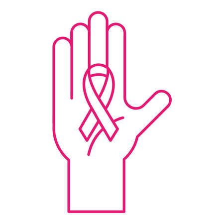 breast cancer ribbon on hand line style icon design, awareness campaign and prevention theme Vector illustrationのイラスト素材