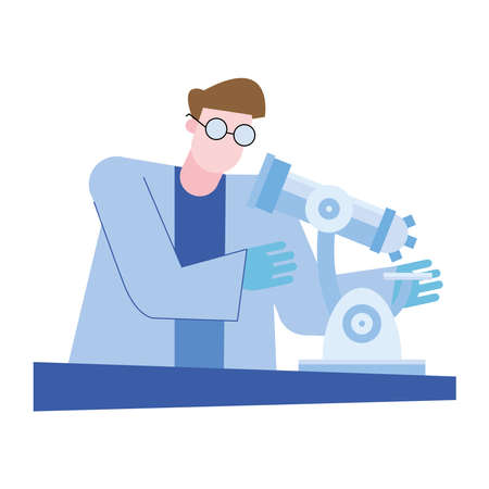 chemical man with microscope at desk design, science and laboratory theme Vector illustrationのイラスト素材