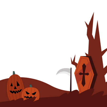 halloween pumpkins cartoons coffin and tree design, happy holiday and scary theme Vector illustrationのイラスト素材