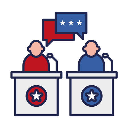 presidents on podiums with stars and bubbles line and fill style icon design, election government and campaign theme Vector illustrationのイラスト素材