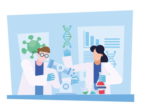 covid 19 virus vaccine research and chemical woman man with microscope design of 2019 ncov cov and coronavirus theme Vector illustrationのイラスト素材