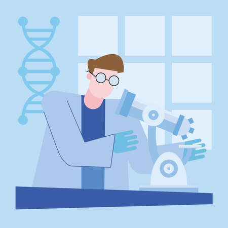 covid 19 virus vaccine research and chemical man with microscope design of 2019 ncov cov and coronavirus theme Vector illustrationのイラスト素材