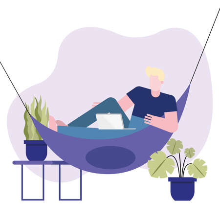 Man with laptop working on hammock from home design of telecommuting theme Vector illustrationのイラスト素材