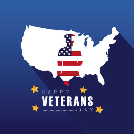 happy veterans day lettering with officer silhouette in usa map vector illustration designのイラスト素材