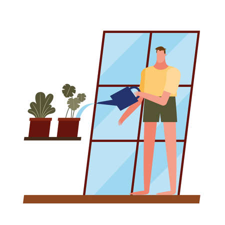 man with plants and watering can at home window design of Activity and leisure theme Vector illustrationのイラスト素材