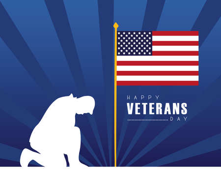 happy veterans day lettering with usa flag in pole with soldier vector illustration designのイラスト素材