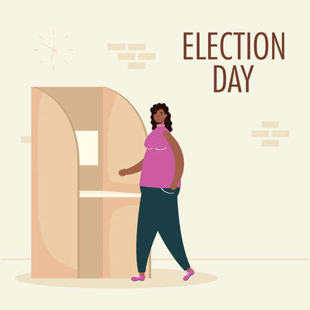 election day lettering with afro woman in voting cubicle vector illustration designのイラスト素材