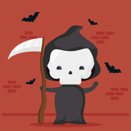 happy halloween cute death character and bats flying vector illustration designのイラスト素材