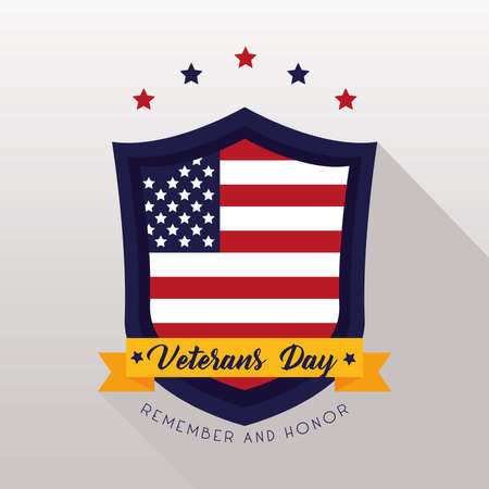 happy veterans day lettering with usa flag in shield vector illustration designのイラスト素材
