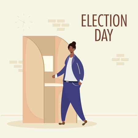 election day lettering with young afro woman in voting cubicle vector illustration designのイラスト素材