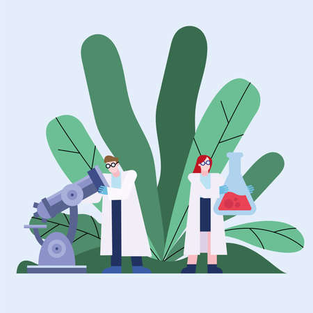 covid 19 virus vaccine research and chemical woman man with leaves design of 2019 ncov cov and coronavirus theme Vector illustrationのイラスト素材