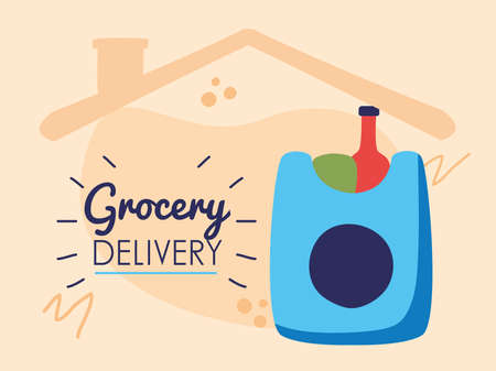 grocery delivery lettering with shopping bag in house vector illustration designのイラスト素材
