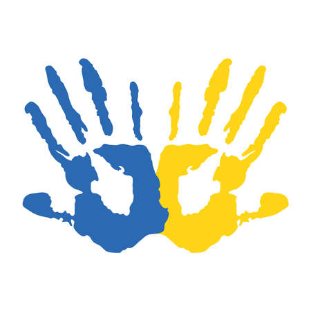 hands print paint colors yellow and blue down syndrome vector illustration designのイラスト素材