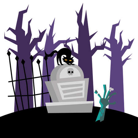 halloween cat cartoon on grave and zombie hand design, happy holiday and scary theme Vector illustrationのイラスト素材
