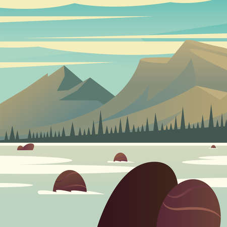 Landscape of sea in front of mountains and pine trees design, nature and outdoor theme Vector illustrationのイラスト素材