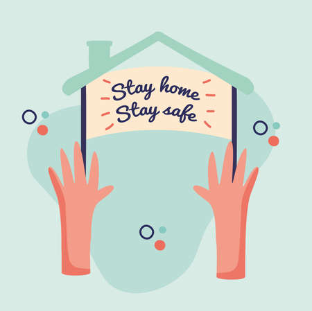stay home campaign lettering with hands lifting house vector illustration designのイラスト素材