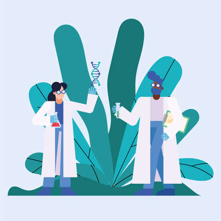 covid 19 virus vaccine research and chemical woman man with leaves design of 2019 ncov cov and coronavirus theme Vector illustrationのイラスト素材