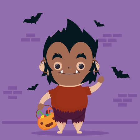 happy halloween cute wolf man character and bats flying vector illustration designのイラスト素材