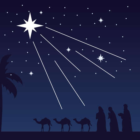 happy merry christmas manger scene with kings and camels vector illustration designのイラスト素材