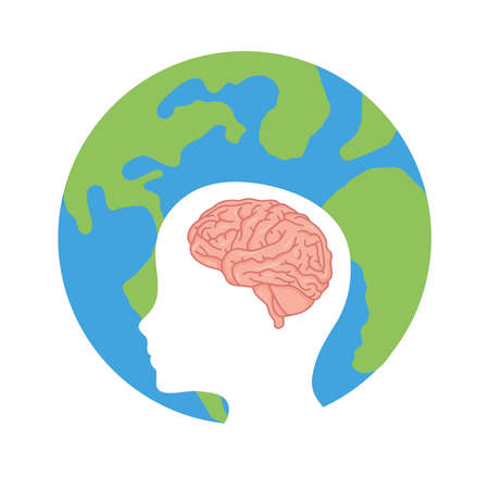 profile with brain human and world planet mental health care icon vector illustration designのイラスト素材