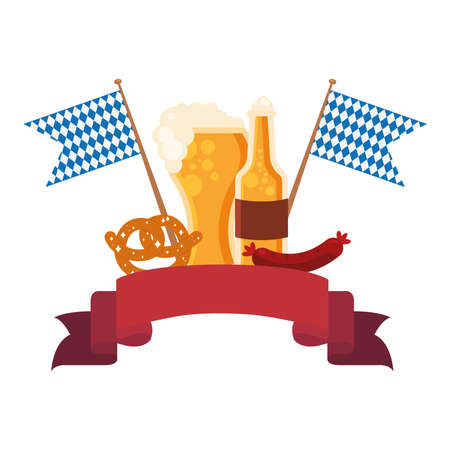 oktoberfest beer glass bottle pretzel and sausage design, Germany festival and celebration theme Vector illustrationのイラスト素材