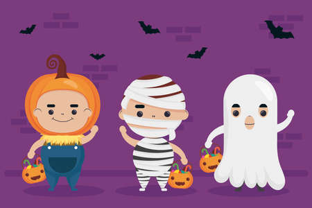 happy halloween pumpkin and ghost with mummy characters vector illustration designのイラスト素材