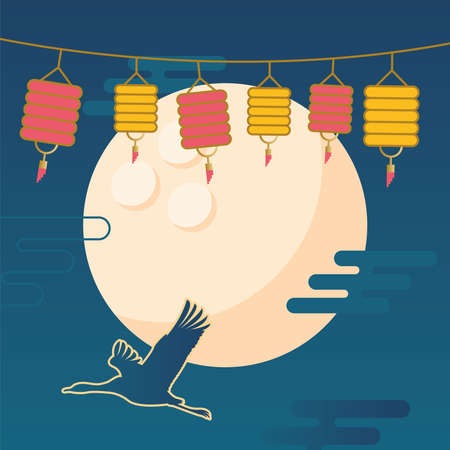 happy mid autumn harvest with moon stork and lanterns design, chinese festival theme Vector illustrationのイラスト素材