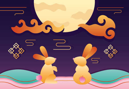happy mid autumn festival poster with fullmoon and rabbits couple vector illustration designのイラスト素材