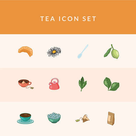 Tea line and fill style 12 icon set design, Time drink breakfast and beverage theme Vector illustrationのイラスト素材