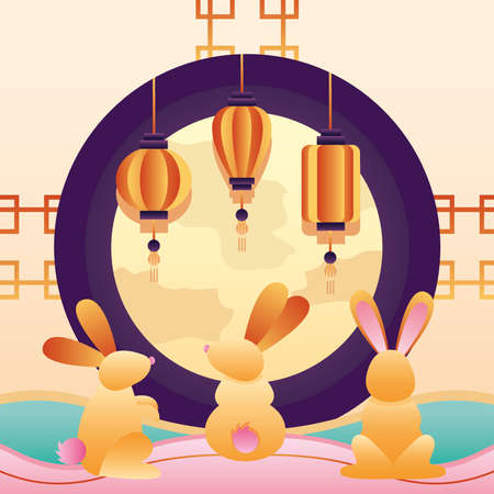 happy mid autumn festival poster with fullmoon and rabbits group vector illustration designのイラスト素材