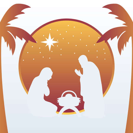 happy merry christmas manger scene with holy family silhouette vector illustration designのイラスト素材