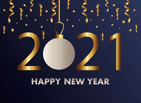 happy new year 2021 golden lettering with ball and confetti vector illustration designのイラスト素材