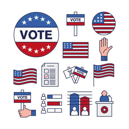 usa elections and vote line and fill style icon set design, President election government and campaign theme Vector illustrationのイラスト素材