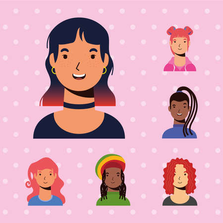 young woman female and interacial girls characters vector flat style designのイラスト素材