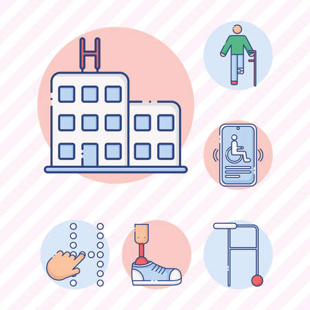 hospital with bundle of disabilities set icons vector illustration designのイラスト素材