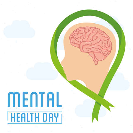 Mental Health Day lettering with brain in profile human and ribbon vector illustration designのイラスト素材