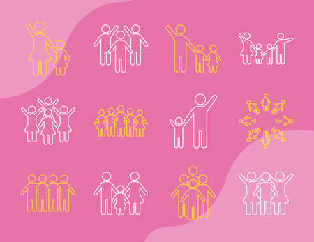 bundle of community and family figures in pink background line style icons vector illustration designのイラスト素材