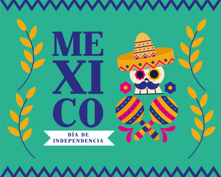 Mexico dia de la independencia skull with hat and maracas design, Culture theme Vector illustrationのイラスト素材