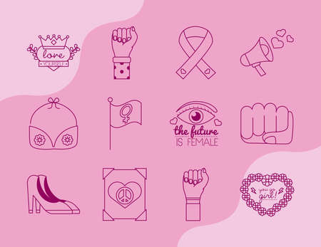 bundle of feminism line style icons in pink background vector illustration designのイラスト素材