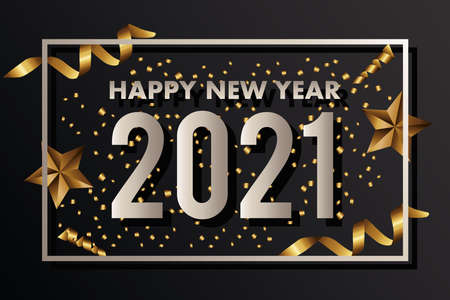 happy new year 2021 lettering with stars and confetti square frame vector illustration designのイラスト素材