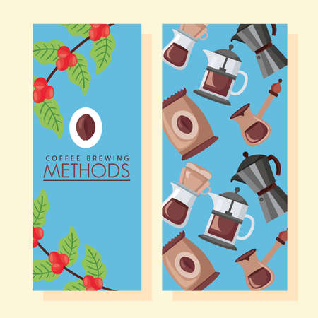 coffee brewing methods poster with plant and set icons vector illustration designのイラスト素材
