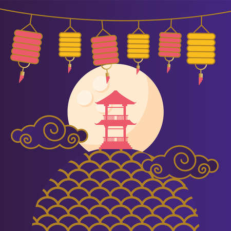 happy mid autumn harvest with moon clouds and lanterns design, chinese festival theme Vector illustrationのイラスト素材