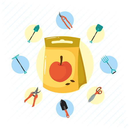 apple seed bag and gardening tools flat style icons vector illustration designのイラスト素材
