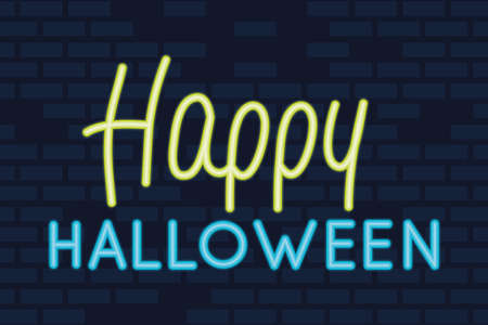 happy halloween lettering in neon light vector illustration designのイラスト素材