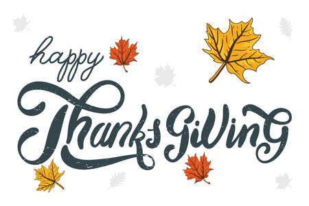 happy thanksgiving day celebration lettering with leafs autumn vector illustration designのイラスト素材