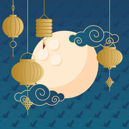 happy mid autumn harvest with moon clouds and lanterns design, chinese festival theme Vector illustrationのイラスト素材