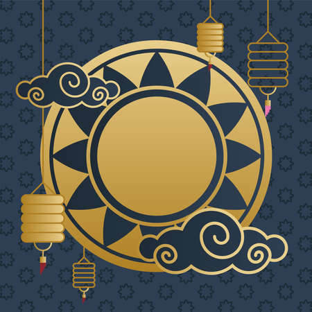 happy mid autumn harvest with flower seal stamp clouds and lanterns design, chinese festival theme Vector illustrationのイラスト素材