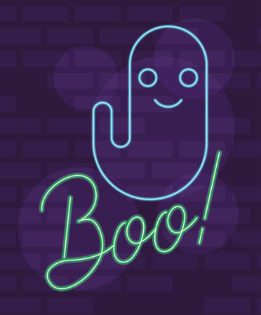 boo word halloween lettering in neon light with ghost vector illustration designのイラスト素材