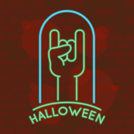 halloween lettering in neon light with hand rock and roll symbol vector illustration designのイラスト素材
